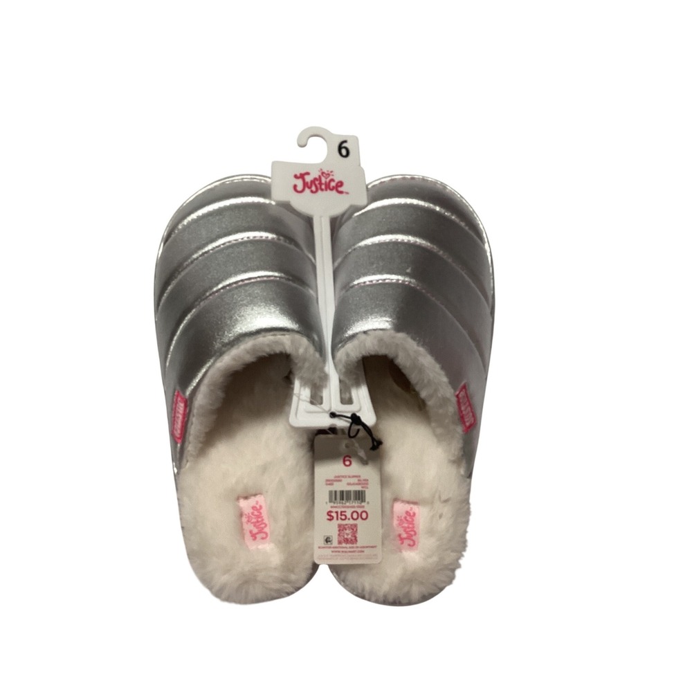 Justice Girls Metallic Silver Puffer‎ Slippers Faux Fur Lined Pink Sole Size 6
